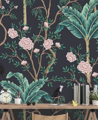 papel de parede floral escuro e chinoiserie de pássaros