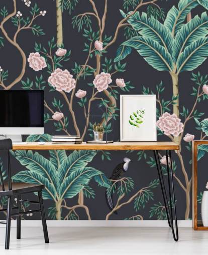 papier peint chinoiserie floral et oiseaux foncé
