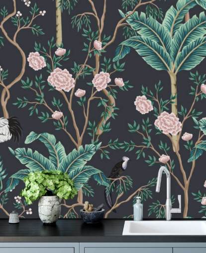 dark floral and bird chinoiserie wallpaper