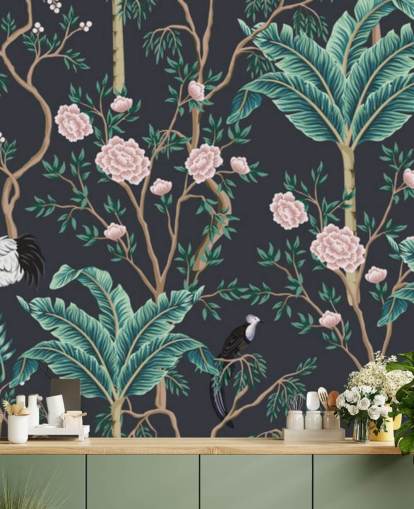 mørke blomster og fugl chinoiserie tapet