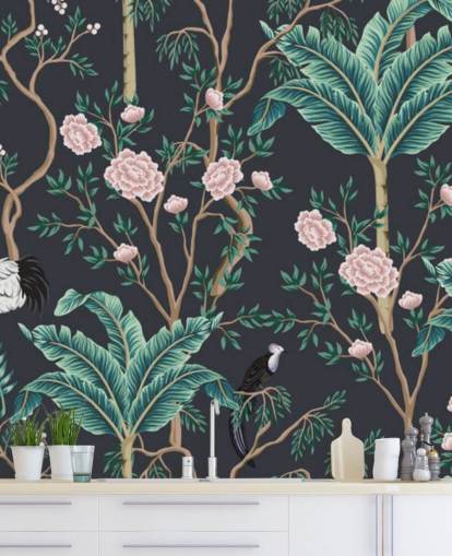 donker bloemen- en vogelchinoiserie behang donker bloemen- en vogelchinoiserie behang