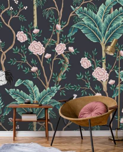 papel pintado chinoiserie floral y pájaro oscuro