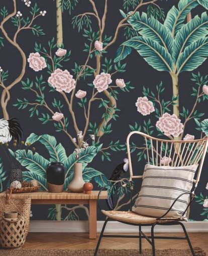 mørke blomster og fugl chinoiserie tapet