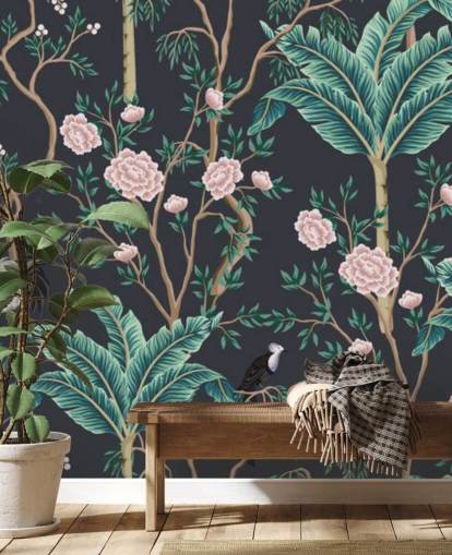 donker bloemen- en vogelchinoiserie behang