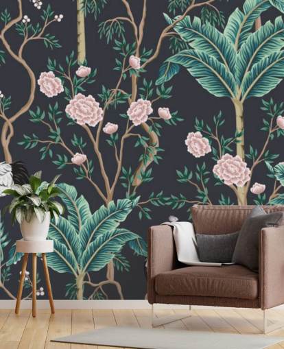 mørke blomster og fugl chinoiserie tapet