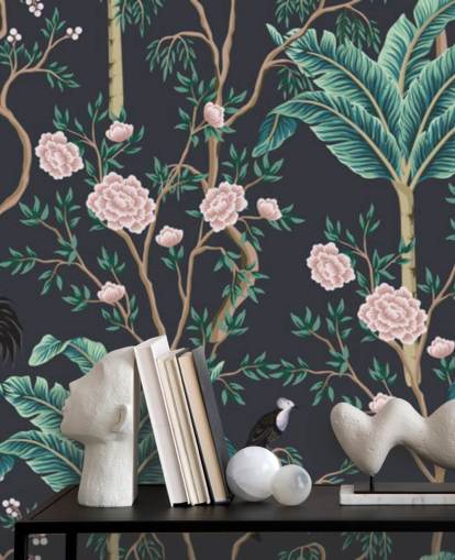papel pintado chinoiserie floral y pájaro oscuro