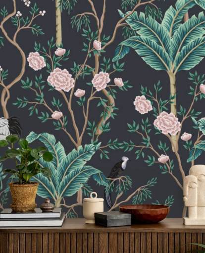 mörk blommig och fågel chinoiserie tapeter mörk blommig och fågel chinoiserie tapeter