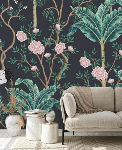 dark floral and bird chinoiserie wallpaper