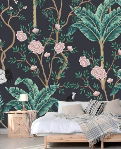 papel de parede floral escuro e chinoiserie de pássaros papel de parede floral escuro e chinoiserie de pássaros