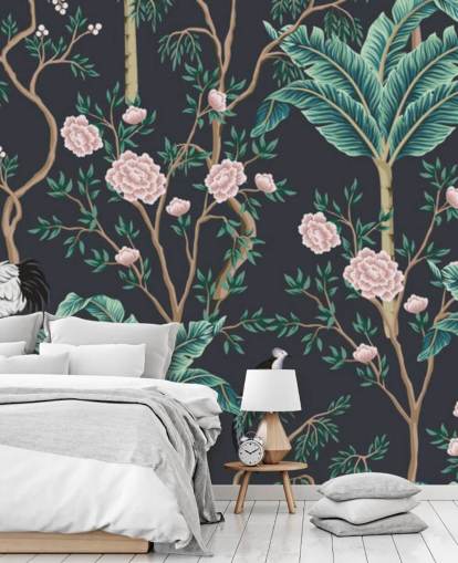 dark floral and bird chinoiserie wallpaper