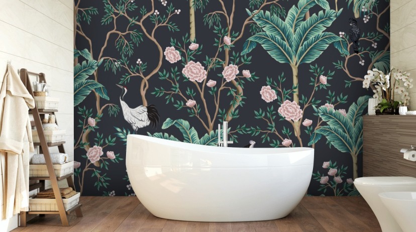 dark floral and bird chinoiserie wallpaper