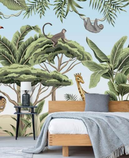 vintage illustration of lion, giraffe, elephant in jungle wallpaper