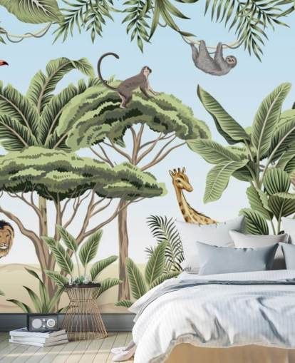 ilustração vintage de leão, girafa, elefante na selva papel de parede ilustração vintage de leão, girafa, elefante na selva papel de parede