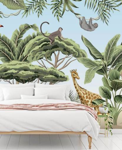 vintage illustration of lion, giraffe, elephant in jungle wallpaper