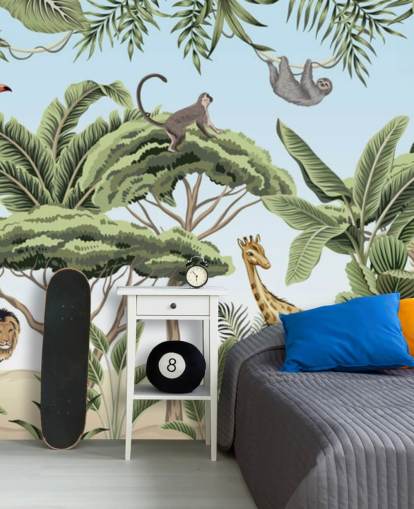 vintage illustration of lion, giraffe, elephant in jungle wallpaper vintage illustration of lion, giraffe, elephant in jungle wallpaper