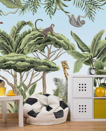 vintage illustratie van leeuw, giraf, olifant in jungle behang