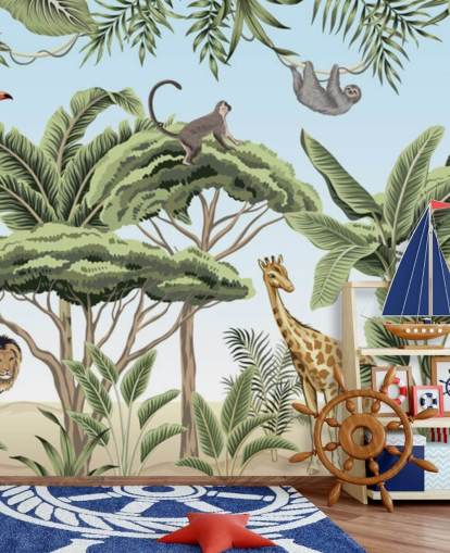 vintage illustration of lion, giraffe, elephant in jungle wallpaper