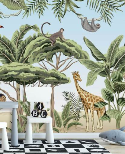 vintage illustration of lion, giraffe, elephant in jungle wallpaper