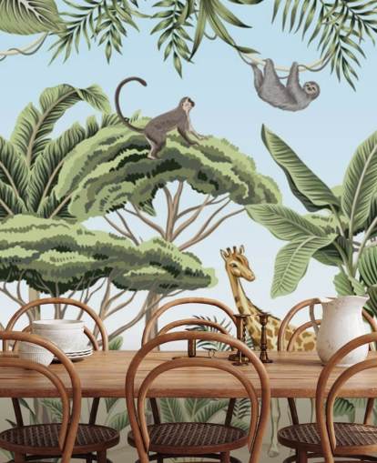 vintage illustration af løve, giraf, elefant i jungle tapet