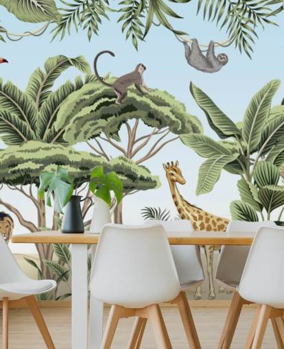 vintage illustration of lion, giraffe, elephant in jungle wallpaper