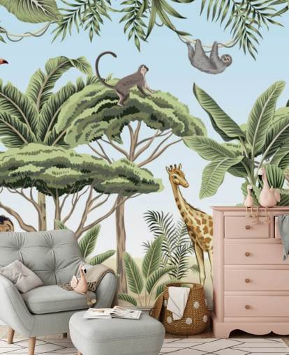 vintage illustration af løve, giraf, elefant i jungle tapet