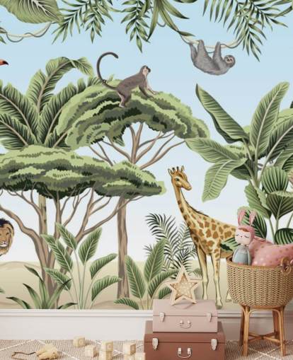 ilustración vintage de león, jirafa, elefante en la selva fondo de pantalla