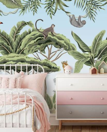 vintage illustration of lion, giraffe, elephant in jungle wallpaper