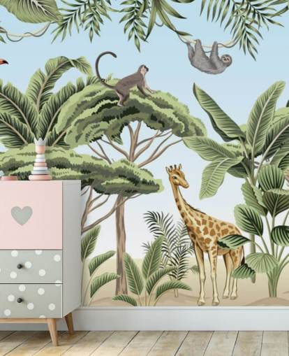 vintage illustration of lion, giraffe, elephant in jungle wallpaper