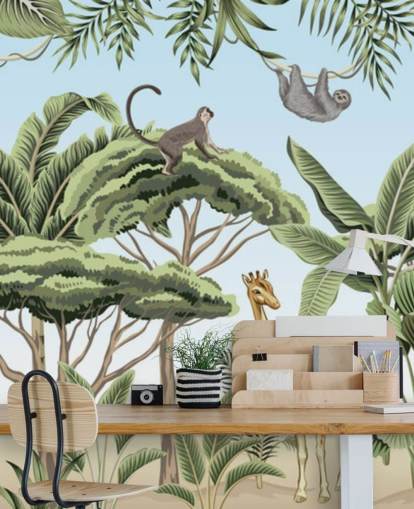 vintage illustratie van leeuw, giraf, olifant in jungle behang vintage illustratie van leeuw, giraf, olifant in jungle behang