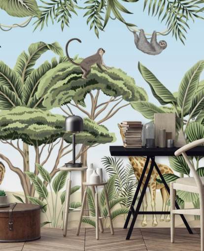 vintage illustrasjon av løve, giraff, elefant i jungelen tapet