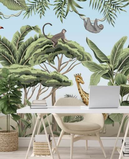 vintage illustration of lion, giraffe, elephant in jungle wallpaper