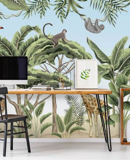 illustration vintage de lion, girafe, éléphant dans la jungle papier peint