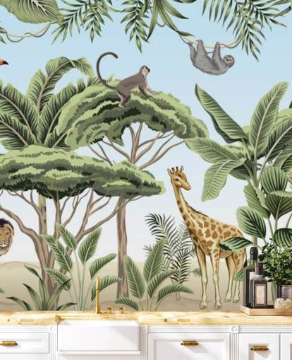 vintage illustration of lion, giraffe, elephant in jungle wallpaper