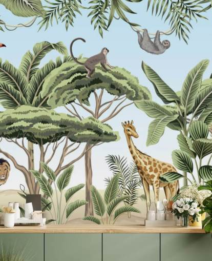 vintage illustration of lion, giraffe, elephant in jungle wallpaper