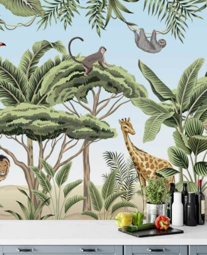 vintage illustrasjon av løve, giraff, elefant i jungelen tapet