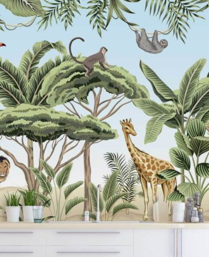 vintage illustration of lion, giraffe, elephant in jungle wallpaper vintage illustration of lion, giraffe, elephant in jungle wallpaper