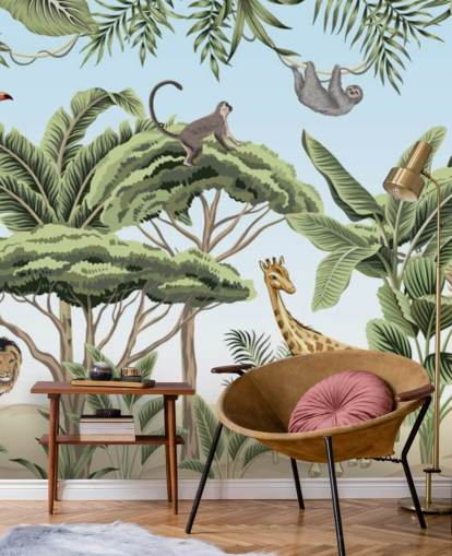 illustration vintage de lion, girafe, éléphant dans la jungle papier peint