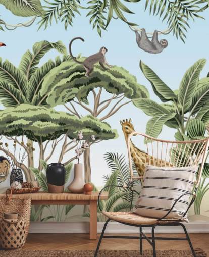 vintage illustration of lion, giraffe, elephant in jungle wallpaper