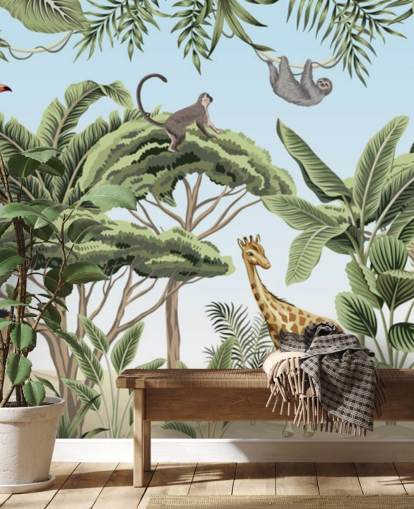 vintage illustration af løve, giraf, elefant i jungle tapet