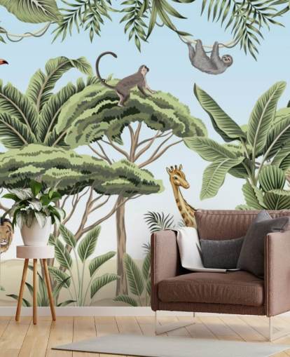 vintage illustration av lejon, giraff, elefant i djungel tapet