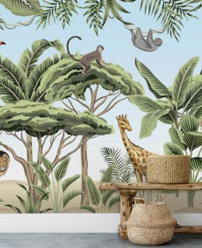 ilustración vintage de león, jirafa, elefante en la selva fondo de pantalla