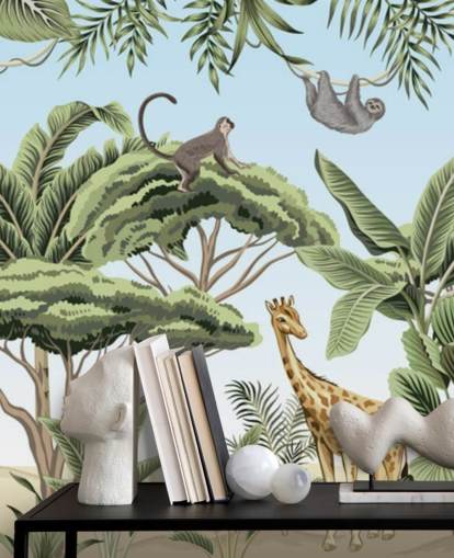 ilustração vintage de leão, girafa, elefante na selva papel de parede ilustração vintage de leão, girafa, elefante na selva papel de parede