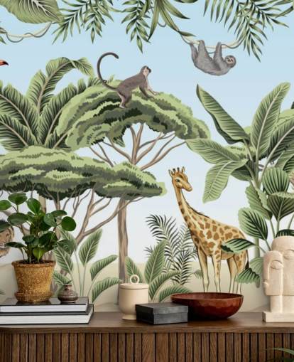 vintage illustration of lion, giraffe, elephant in jungle wallpaper