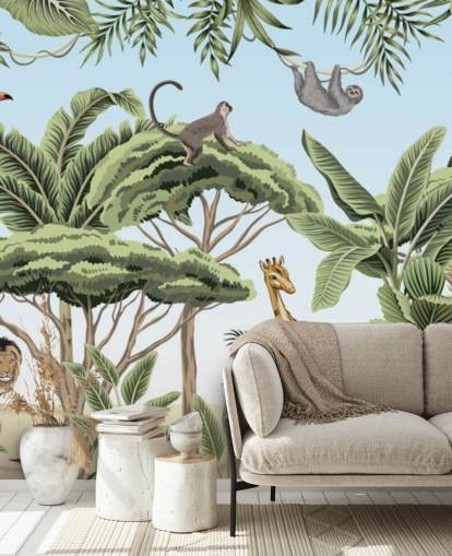 ilustração vintage de leão, girafa, elefante na selva papel de parede