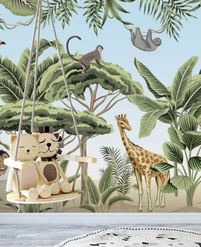ilustración vintage de león, jirafa, elefante en la selva fondo de pantalla
