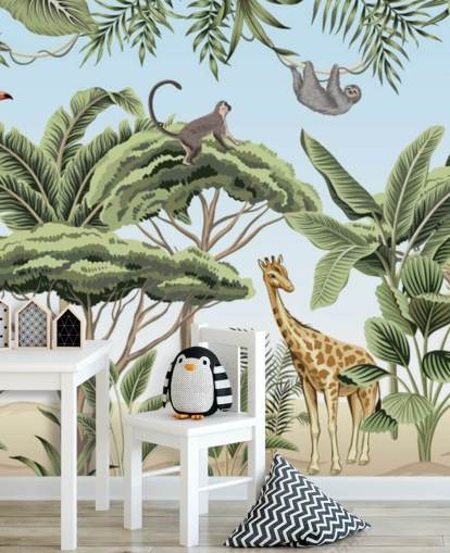 illustration vintage de lion, girafe, éléphant dans la jungle papier peint