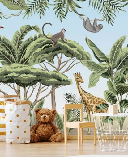illustration vintage de lion, girafe, éléphant dans la jungle papier peint