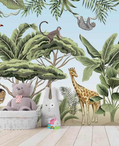 vintage illustration of lion, giraffe, elephant in jungle wallpaper