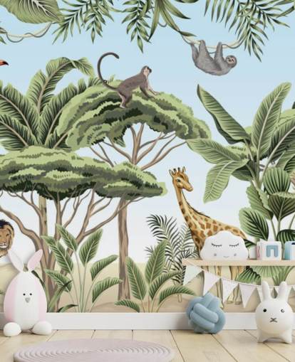 vintage illustration of lion, giraffe, elephant in jungle wallpaper