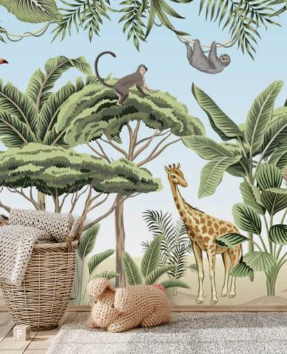 ilustração vintage de leão, girafa, elefante na selva papel de parede